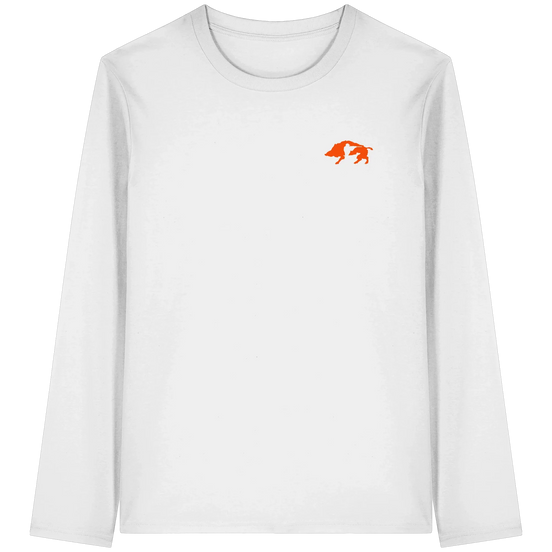 Organic white longsleeve shirt featuring a boar, hunter, and dog silhouette design by James Hunter on the front.