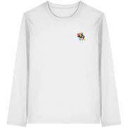 White long sleeve shirt with colorful moose rider graphic, eco-friendly outdoor apparel for nature lovers