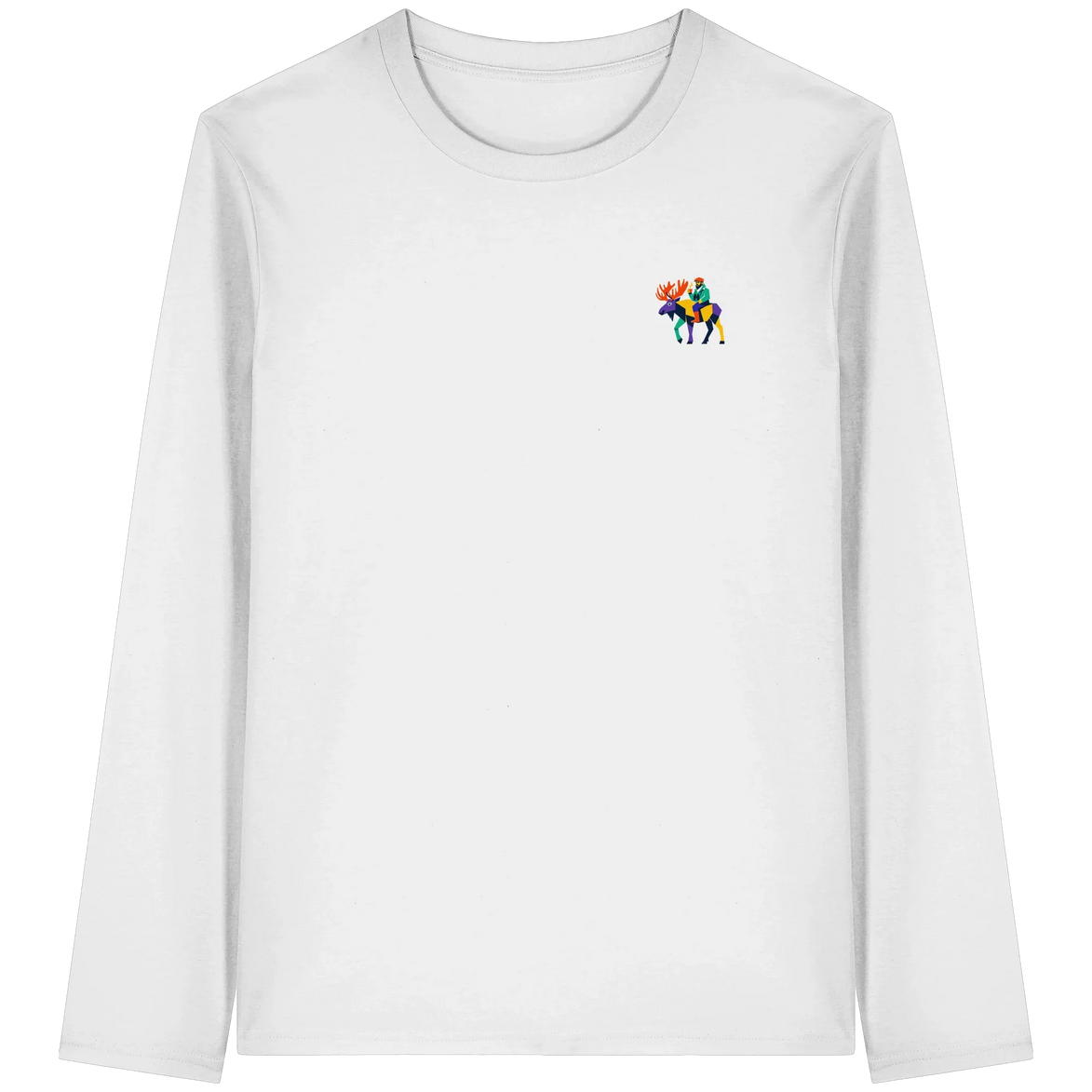 White long sleeve shirt with colorful moose rider graphic, eco-friendly outdoor apparel for nature lovers