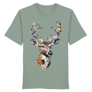 Front view of James Hunter Nature and Beyond Paper Trail Art Collection Organic T-Shirt No. 10 in aloe green, unisex design.