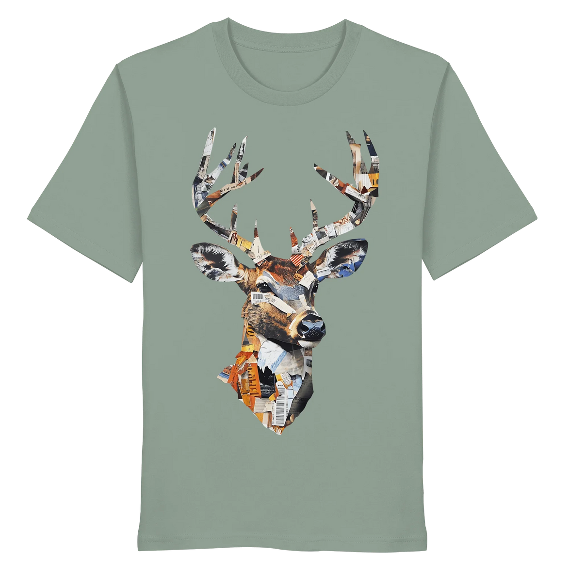 Front view of James Hunter Nature and Beyond Paper Trail Art Collection Organic T-Shirt No. 10 in aloe green, unisex design.