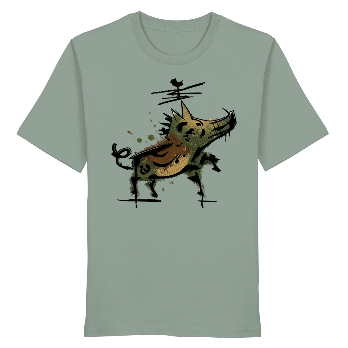 Eco-friendly olive T-shirt with artistic wild boar graphic, perfect for nature lovers and outdoor adventures.
