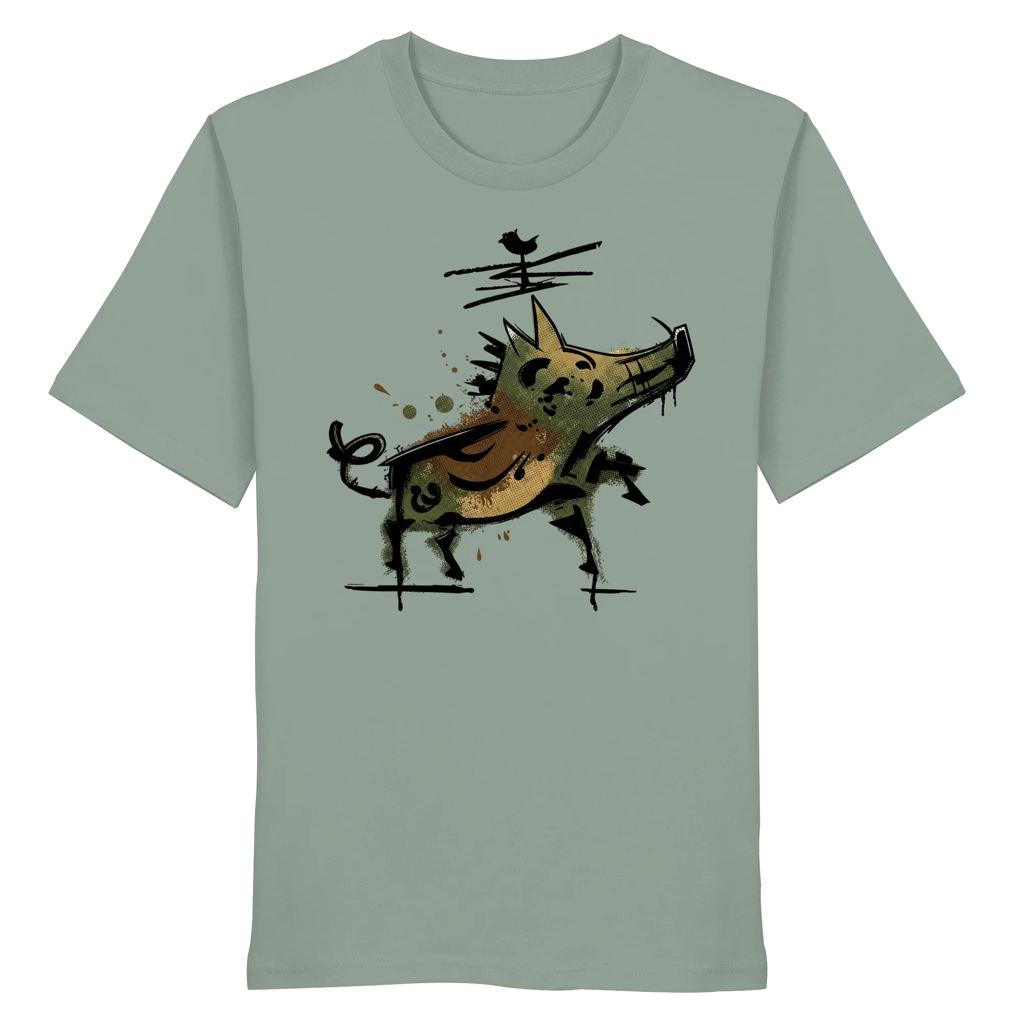 Eco-friendly olive T-shirt with artistic wild boar graphic, perfect for nature lovers and outdoor adventures.