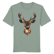 Eco-friendly T-shirt with colorful deer head print, perfect for nature lovers and outdoor adventures.