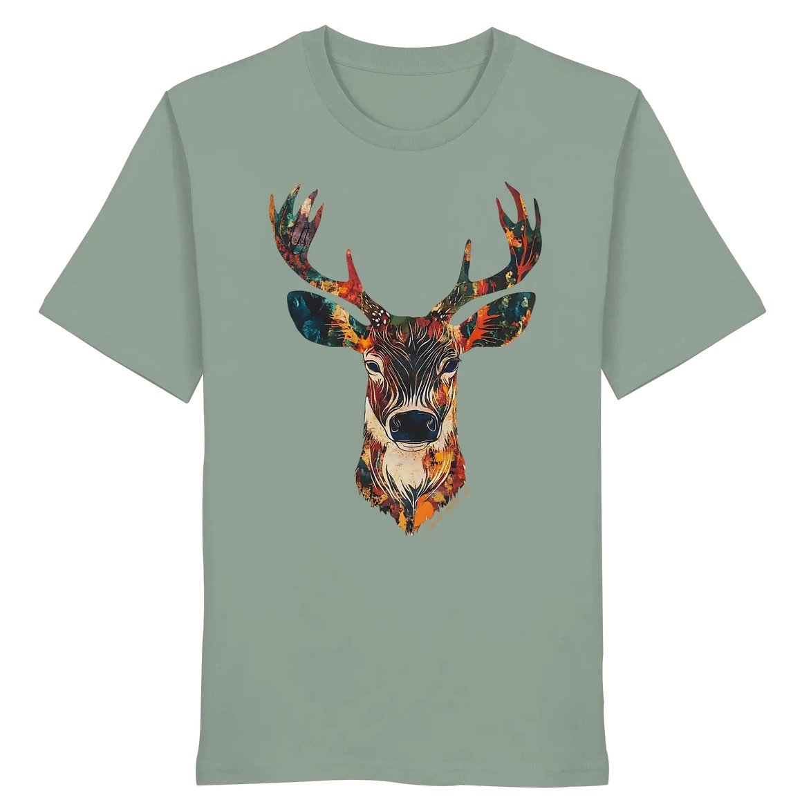 Eco-friendly T-shirt with colorful deer head print, perfect for nature lovers and outdoor adventures.