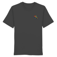 Dark gray eco-friendly T-shirt with colorful moose graphic, perfect for nature lovers and outdoor adventures.