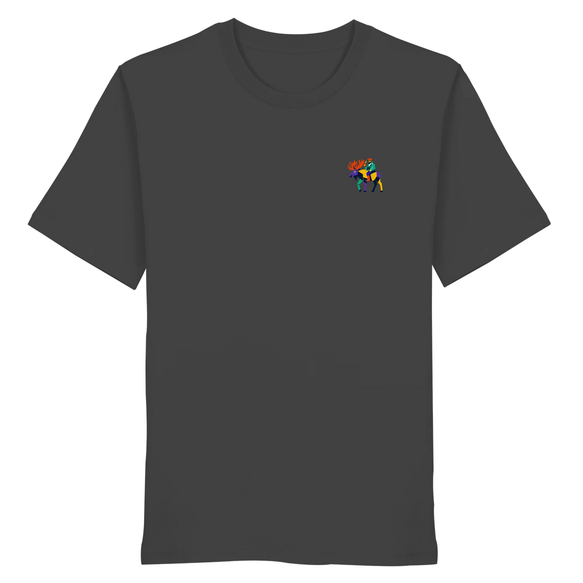 Dark gray eco-friendly T-shirt with colorful moose graphic, perfect for nature lovers and outdoor adventures.