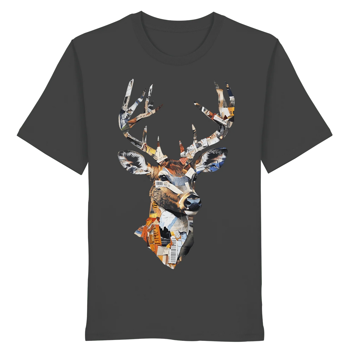 Front view of James Hunter's Paper Trail Organic T-Shirt No. 10, unisex, anthracite color, made from eco-friendly organic fabric.