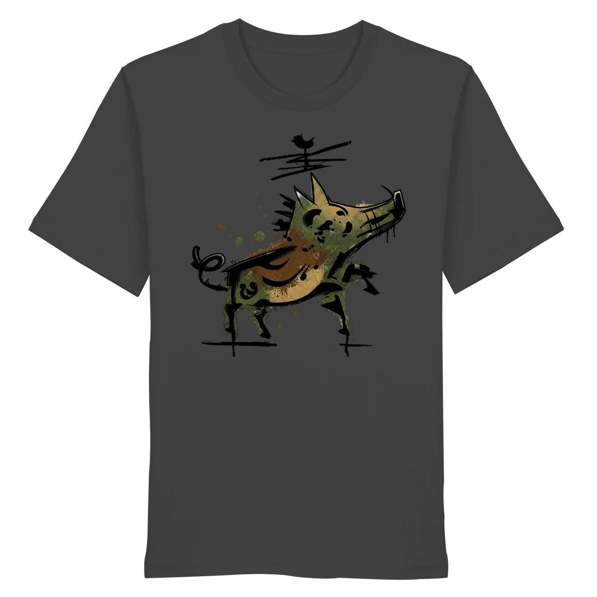 Dark gray organic T-shirt with artistic wild boar graphic, perfect for hunters and nature lovers.