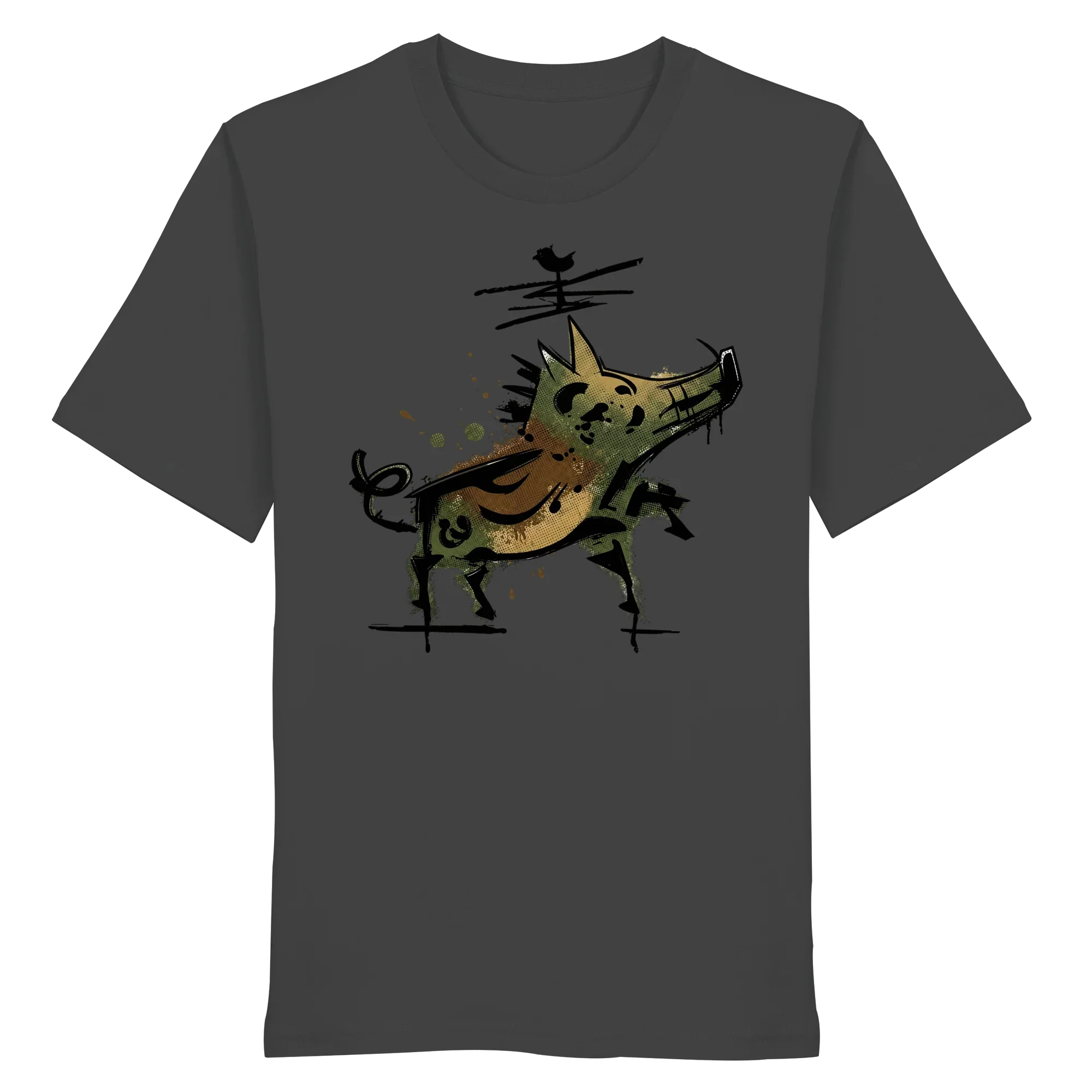Dark gray organic T-shirt with artistic wild boar graphic, perfect for hunters and nature lovers.