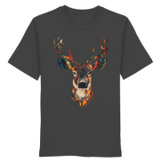 Dark gray T-shirt with colorful deer head graphic, eco-friendly outdoor apparel for nature lovers