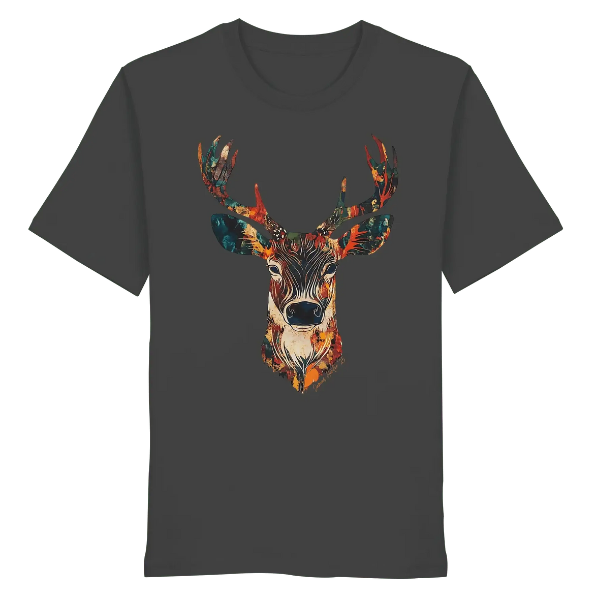 Dark gray T-shirt with colorful deer head graphic, eco-friendly outdoor apparel for nature lovers