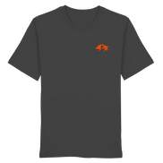 Dark gray organic T-shirt with orange wild boar graphic, ideal for hunters and nature lovers.
