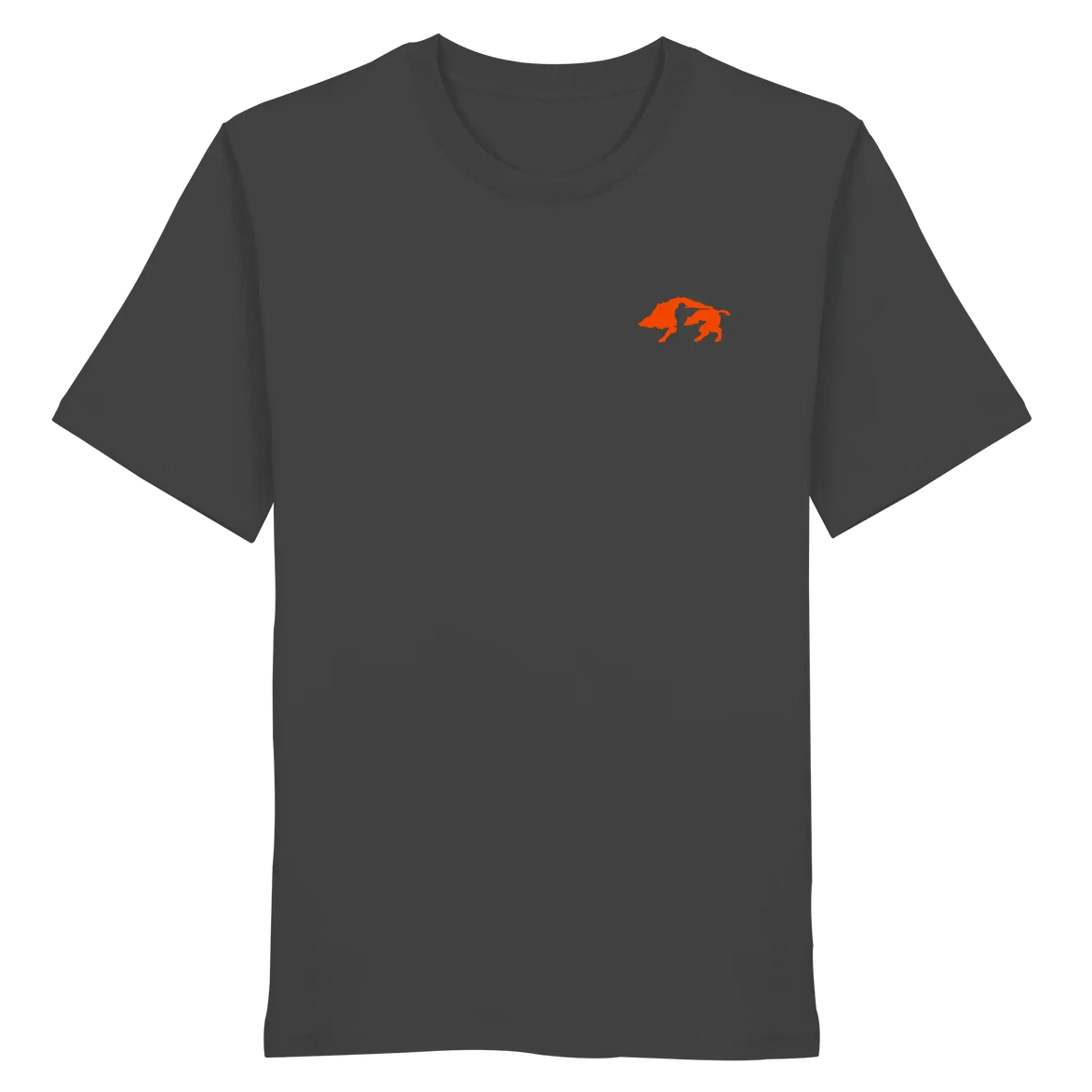 Dark gray organic T-shirt with orange wild boar graphic, ideal for hunters and nature lovers.
