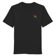 Black organic T-shirt with colorful moose graphic, eco-friendly hunting apparel for nature lovers