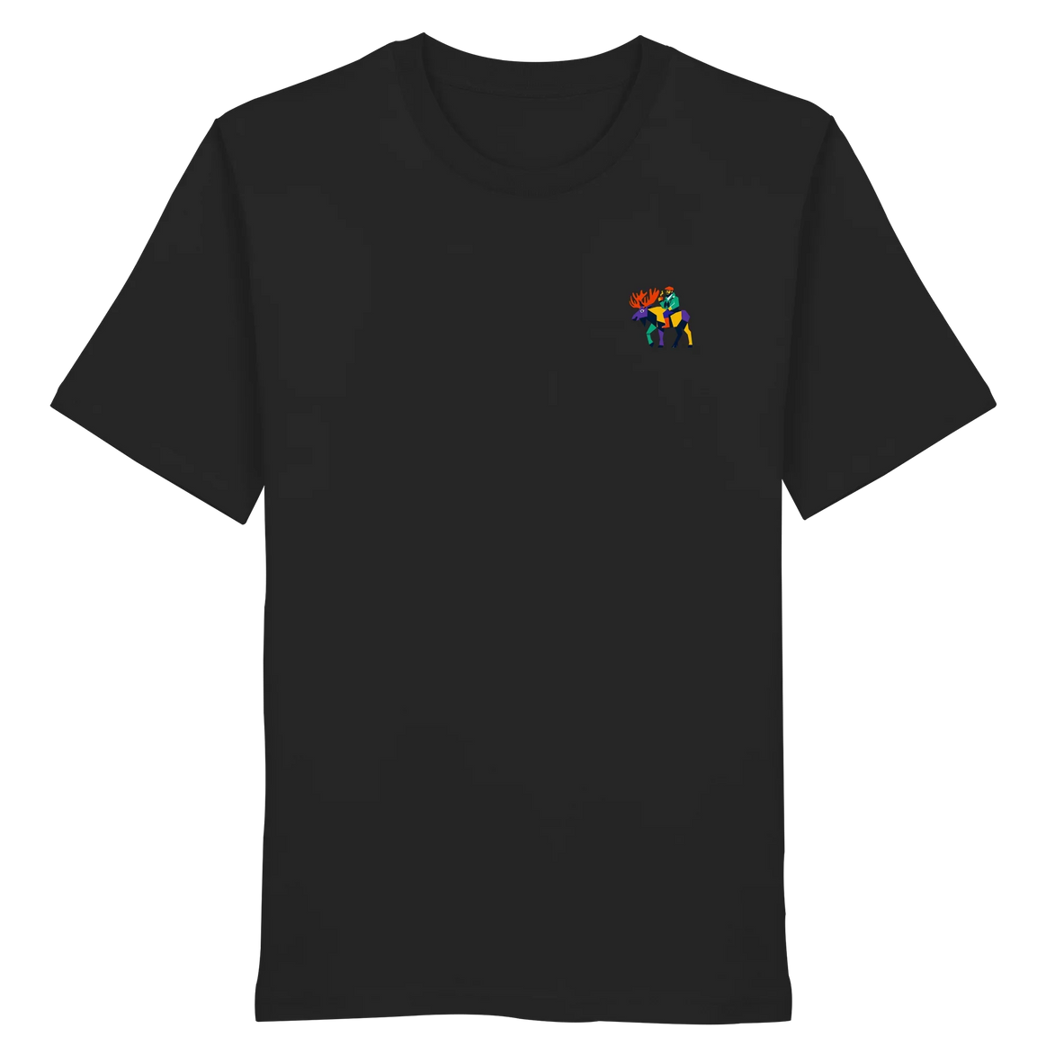 Black organic T-shirt with colorful moose graphic, eco-friendly hunting apparel for nature lovers