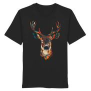 Black T-shirt with colorful deer head graphic, eco-friendly hunting apparel for nature lovers
