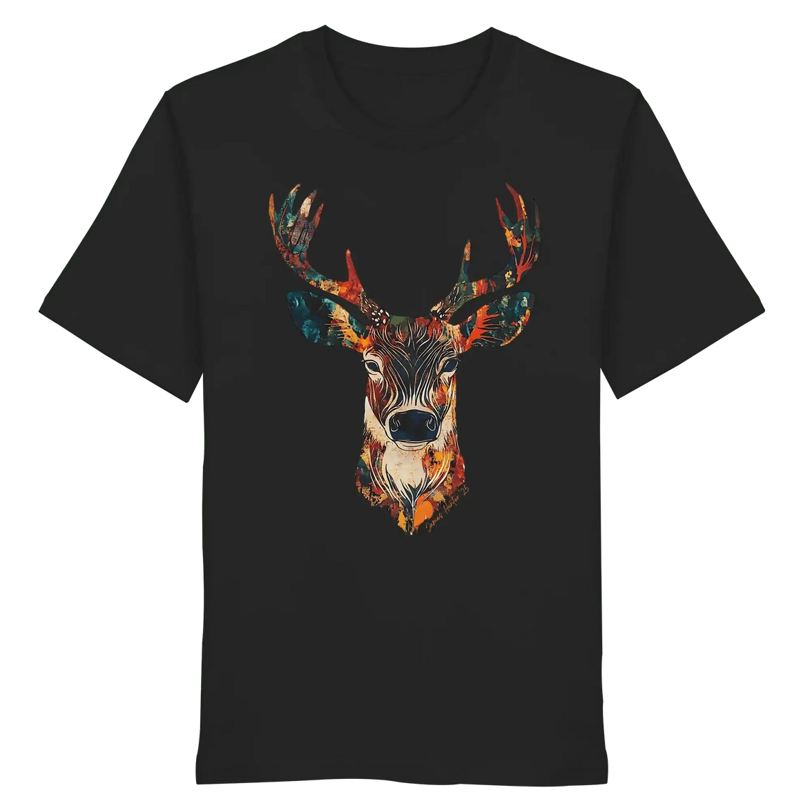 Black T-shirt with colorful deer head graphic, eco-friendly hunting apparel for nature lovers