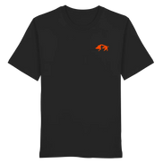 Black organic T-shirt with orange wild boar graphic, eco-friendly hunting apparel for nature enthusiasts.