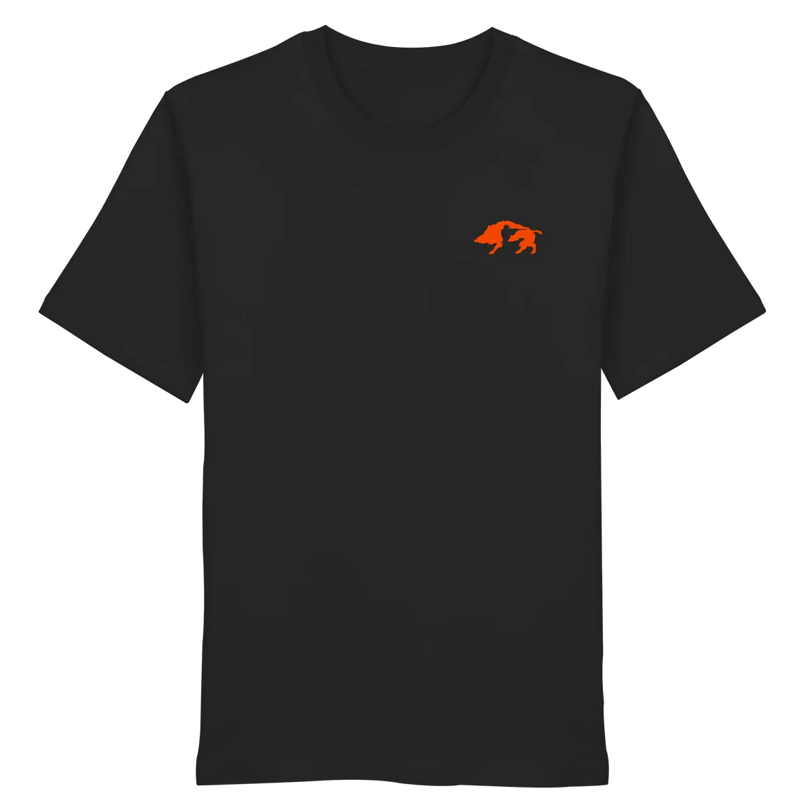 Black organic T-shirt with orange wild boar graphic, eco-friendly hunting apparel for nature enthusiasts.
