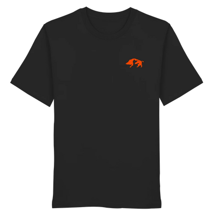 Black unisex organic T-shirt featuring a James Hunter Boar, Hunter, and Dog silhouette design on the front.