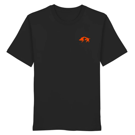 Black unisex organic T-shirt featuring a James Hunter Boar, Hunter, and Dog silhouette design on the front.