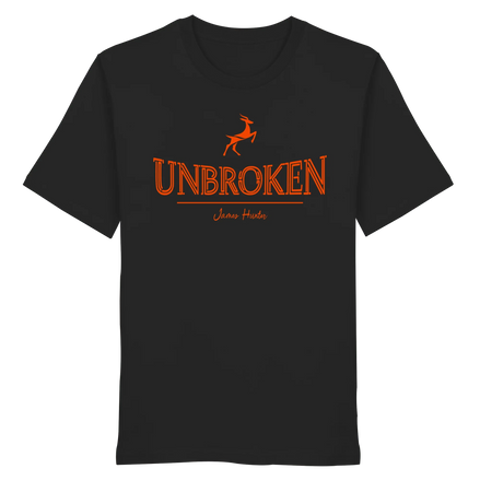 Front view of James Hunter's Unbroken Leaping Deer organic unisex T-shirt in black featuring a nature-inspired deer graphic.