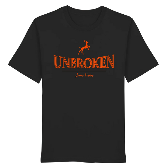 Front view of James Hunter's Unbroken Leaping Deer organic unisex T-shirt in black featuring a nature-inspired deer graphic.