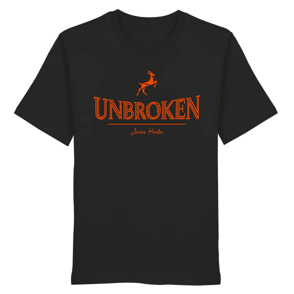 Front view of James Hunter's Unbroken Leaping Deer organic unisex T-shirt in black featuring a nature-inspired deer graphic.