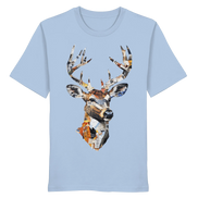 Unisex blue organic T-shirt from James Hunter's Paper Trail Art Collection No. 10, featuring a front design inspired by nature.