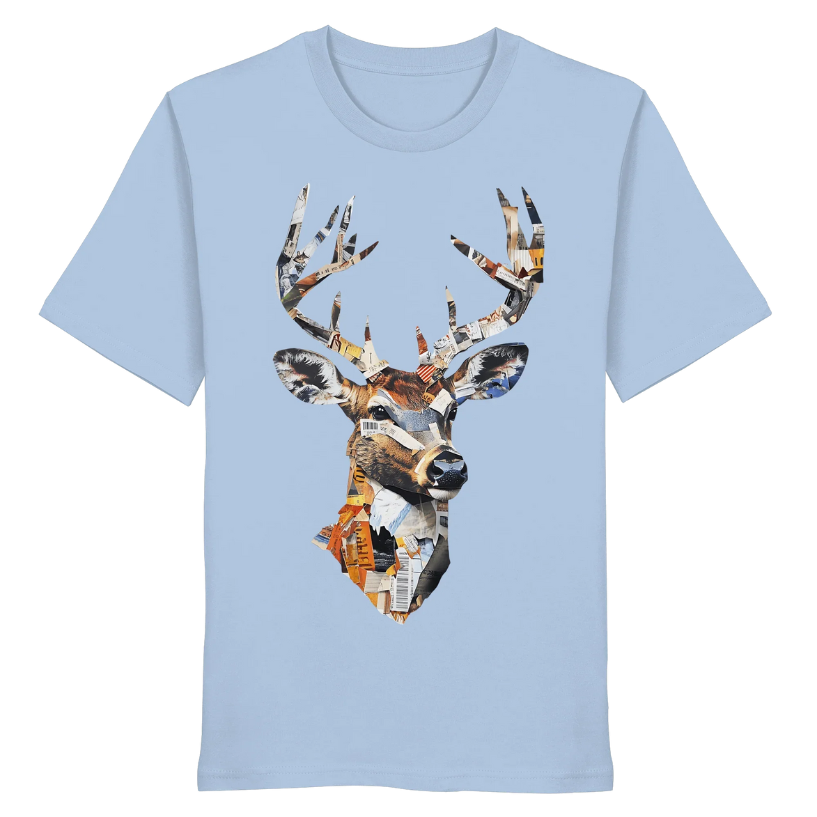 Unisex blue organic T-shirt from James Hunter's Paper Trail Art Collection No. 10, featuring a front design inspired by nature.