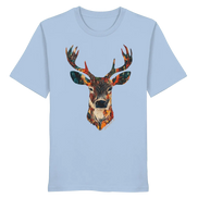 Light blue organic T-shirt with colorful deer head graphic, perfect for nature lovers and outdoor adventures