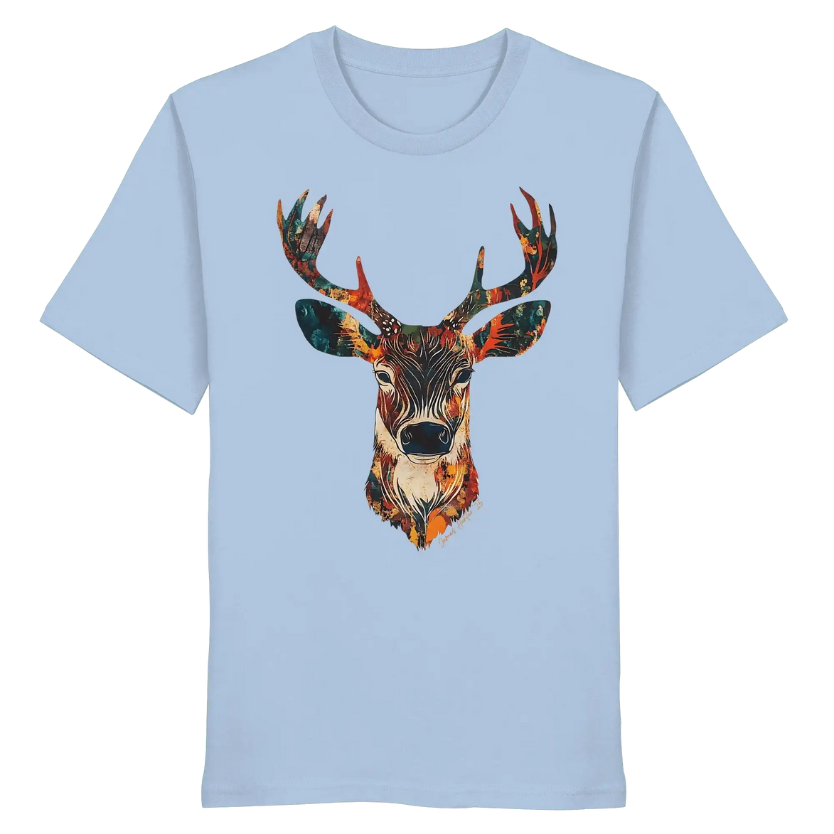 Light blue organic T-shirt with colorful deer head graphic, perfect for nature lovers and outdoor adventures