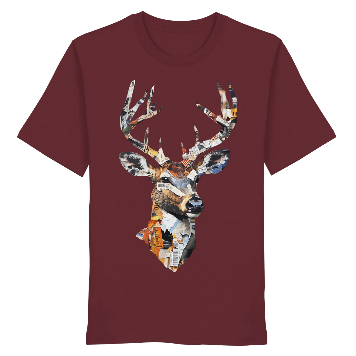 Front view of James Hunter Nature and Beyond Paper Trail Organic T-Shirt No. 10 in burgundy, unisex fit with minimalist design.