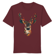 Eco-friendly burgundy T-shirt with colorful deer head graphic for nature lovers and outdoor enthusiasts