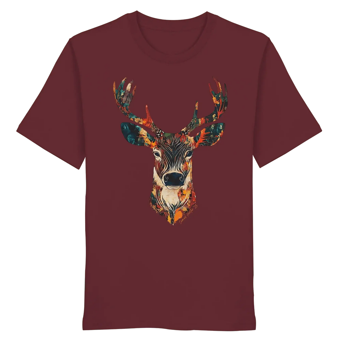 Eco-friendly burgundy T-shirt with colorful deer head graphic for nature lovers and outdoor enthusiasts