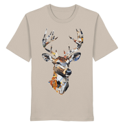 Front view of James Hunter's Paper Trail Organic T-Shirt No. 10, unisex shirt with desert dust color and nature-inspired design.