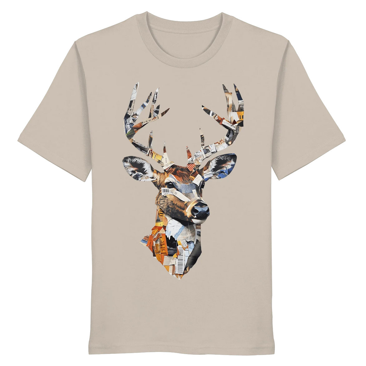 Front view of James Hunter's Paper Trail Organic T-Shirt No. 10, unisex shirt with desert dust color and nature-inspired design.