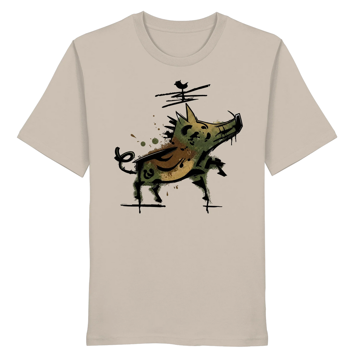 Beige organic T-shirt with artistic wild boar graphic, perfect for nature lovers and outdoor adventures.