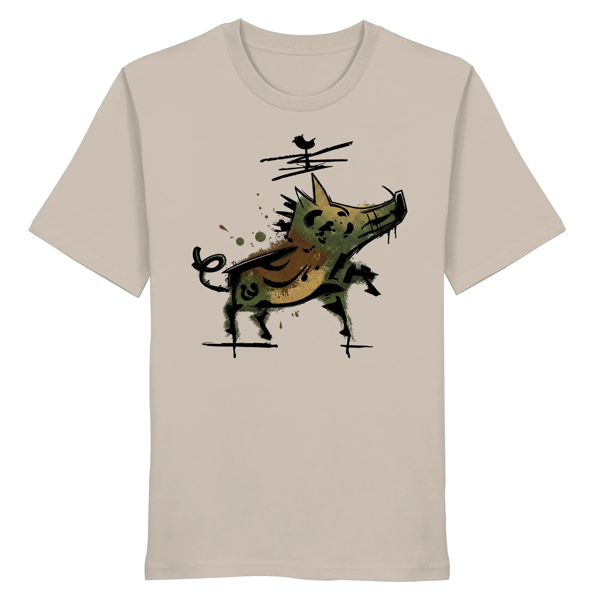 Beige organic T-shirt with artistic wild boar graphic, perfect for nature lovers and outdoor adventures.
