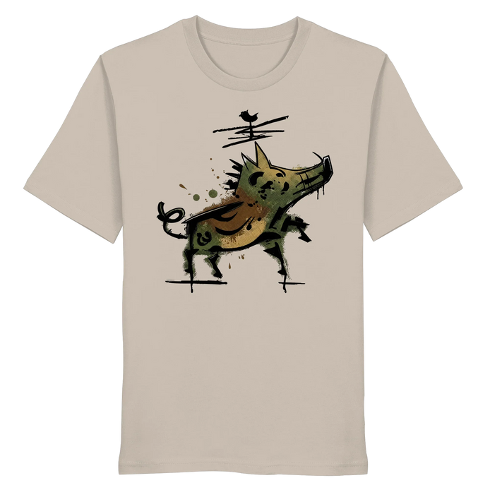 Beige organic T-shirt with artistic wild boar graphic, perfect for nature lovers and outdoor adventures.