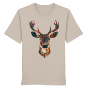 Beige organic T-shirt with colorful deer head graphic for nature lovers and outdoor enthusiasts