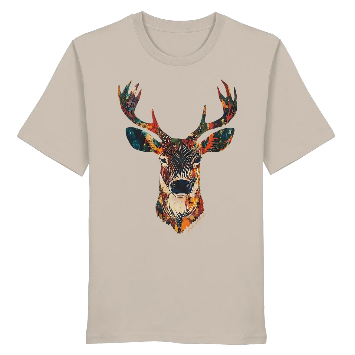 Beige organic T-shirt with colorful deer head graphic for nature lovers and outdoor enthusiasts