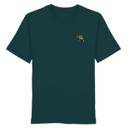 Dark green organic T-shirt with colorful moose graphic, perfect for hunters and nature lovers.