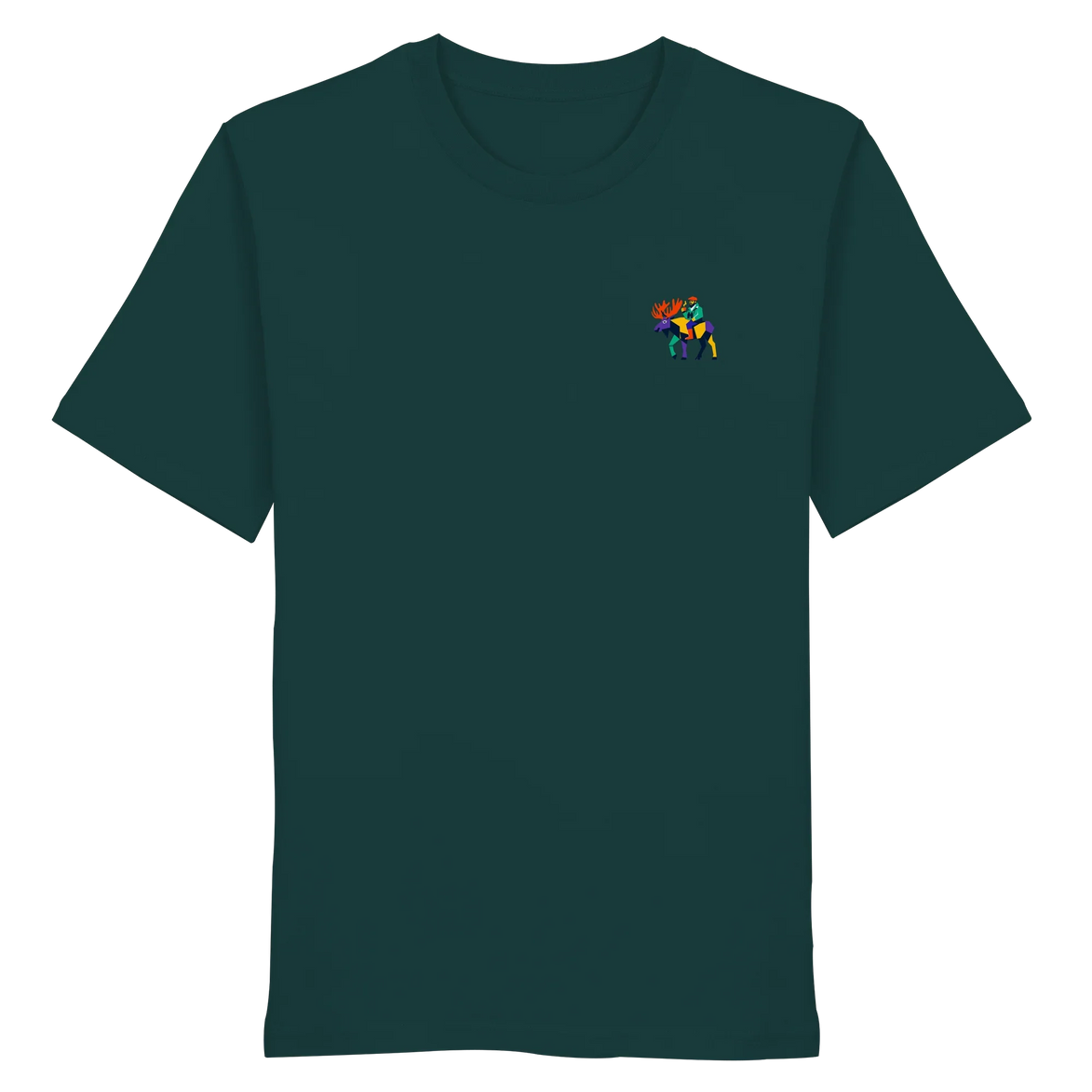 Dark green organic T-shirt with colorful moose graphic, perfect for hunters and nature lovers.