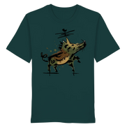 Dark green organic T-shirt with artistic wild boar graphic, perfect for hunters and nature lovers.