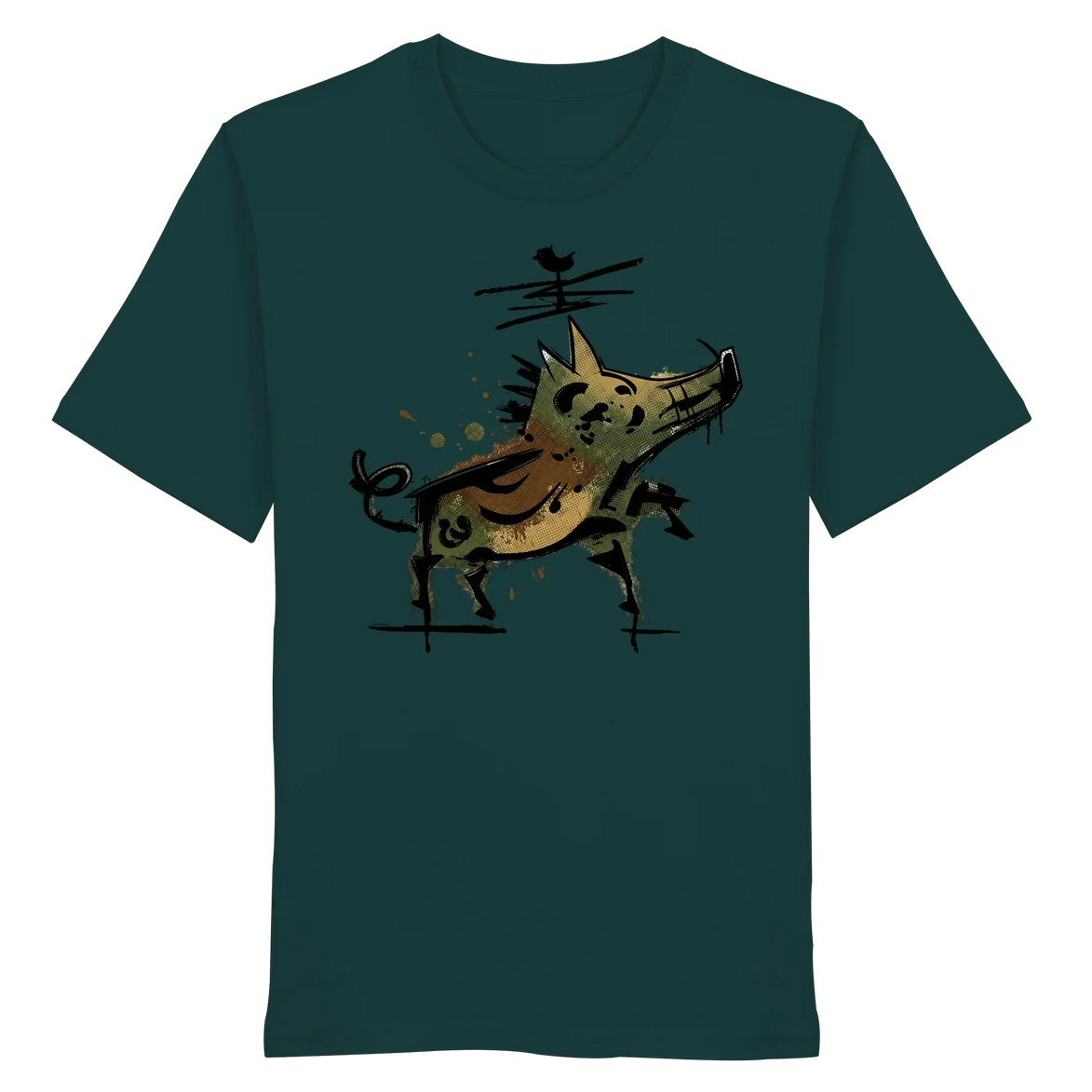 Dark green organic T-shirt with artistic wild boar graphic, perfect for hunters and nature lovers.