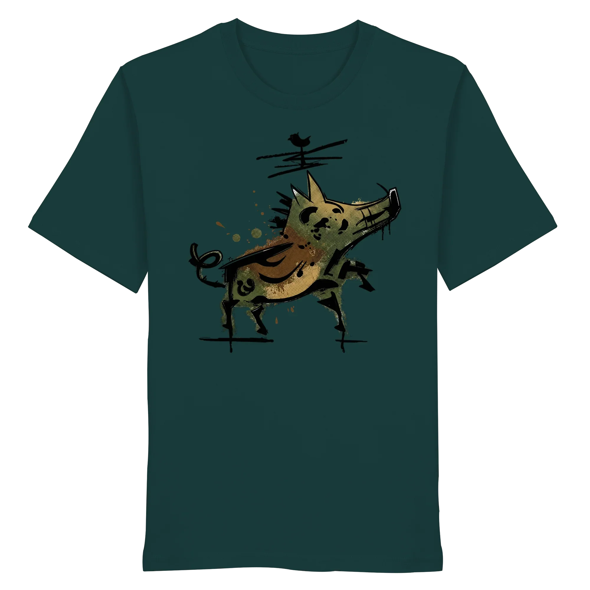 Dark green organic T-shirt with artistic wild boar graphic, perfect for hunters and nature lovers.