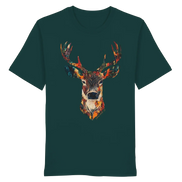 Eco-friendly dark green T-shirt with colorful deer head graphic, perfect for nature lovers and outdoor adventures.