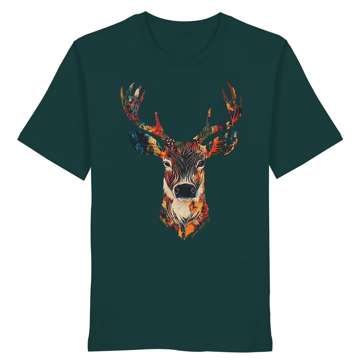 Eco-friendly dark green T-shirt with colorful deer head graphic, perfect for nature lovers and outdoor adventures.